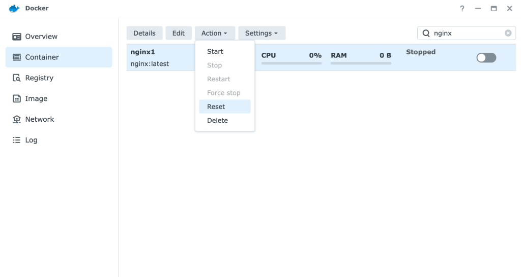 Screenshot of Synology Docker container action menu.