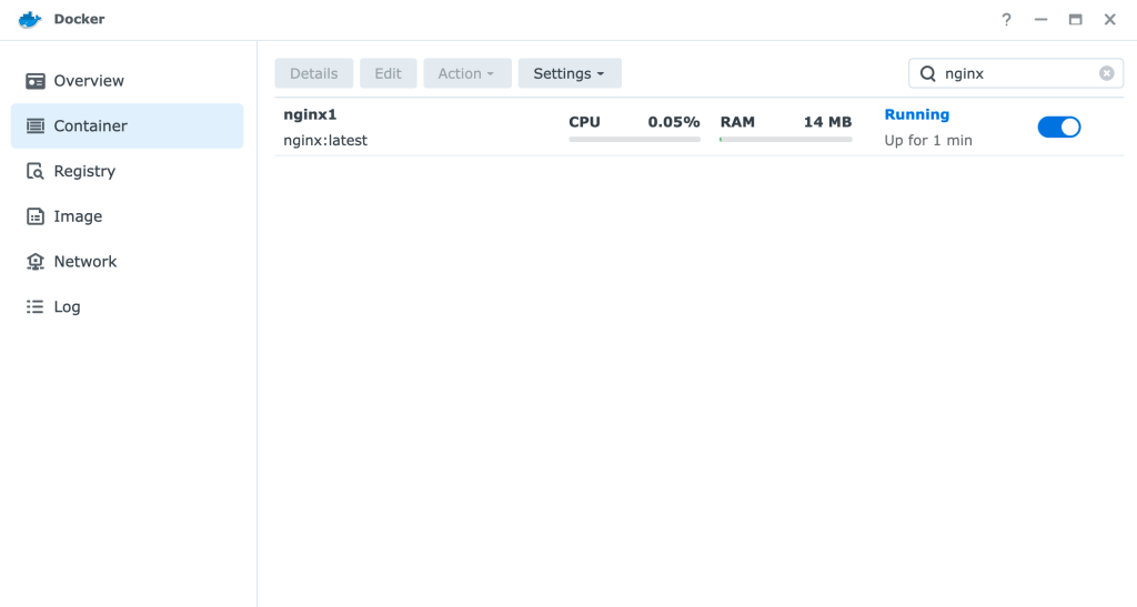 Screenshot of Synology Docker containers running.