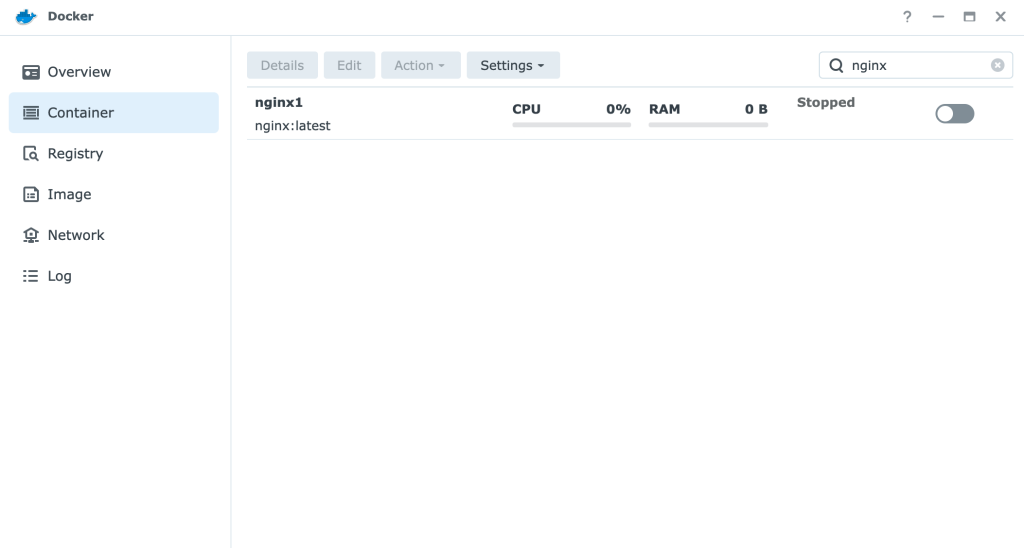 Screenshot of Synology Docker containers stopped.