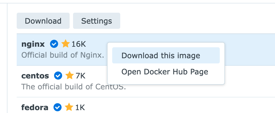 Synology Docker settings image tab download this image example.