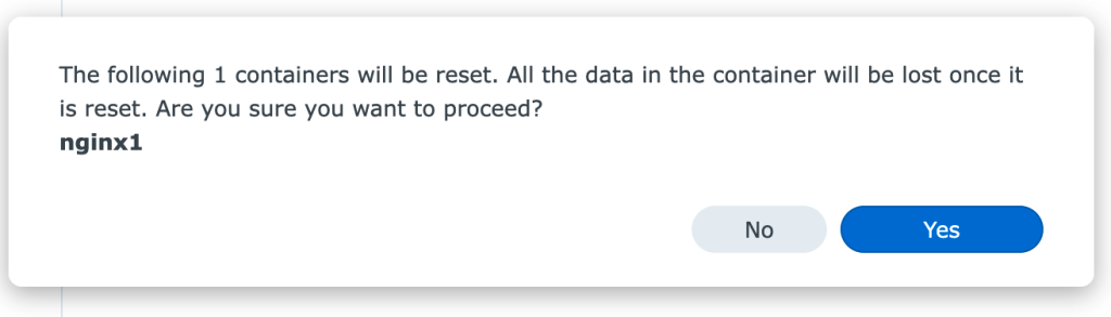 Screenshot of Synology Docker container reset confirmation window.